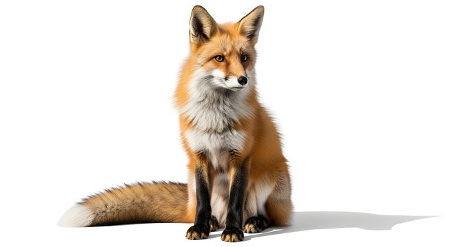 Realistic red fox sitting calmly on a white background with detailed fur and soft light. Perfect for wildlife and minimalist design themes.