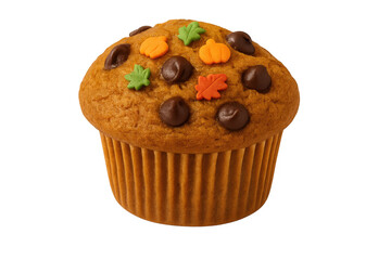 Pumpkin chocolate chip muffin celebrating autumn season