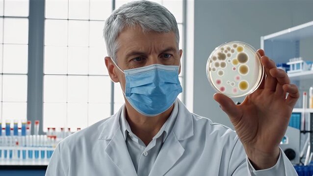 Male Scientist Analyzing Petri Dish in Laboratory Setting