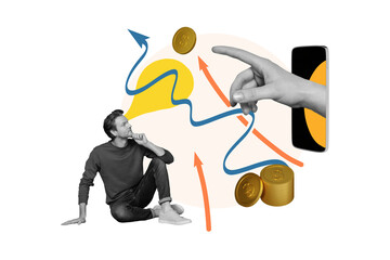 Composite photo collage of minded man watch arrow development coin profit iphone device freelance dollar isolated on painted background