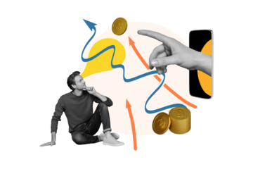 Composite photo collage of minded man watch arrow development coin profit iphone device freelance dollar isolated on painted background