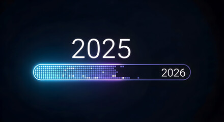 A loading bar transitioning from year two thousand twenty five to two thousand twenty six on dark background