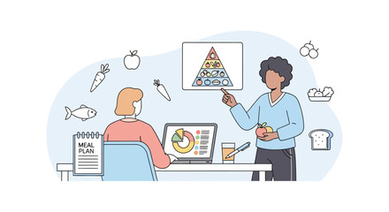 Nutritionist Explaining Food Pyramid to Client with Meal Plan.