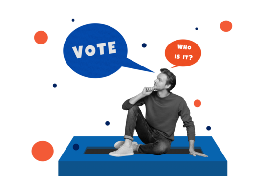 Composite photo collage of minded man sit ballot box bubble dilemma question mark election decision isolated on painted background