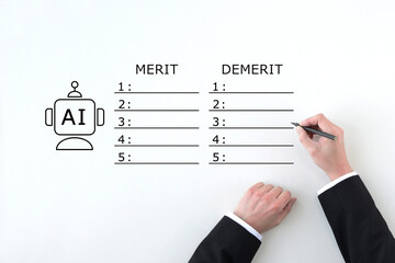 AIのメリットとデメリットをリストに書き出そうとしているビジネスマンの手