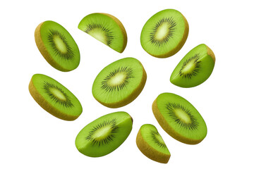 Fototapeta premium Fresh kiwi fruit slices falling and rotating, green healthy food ingredient on transparent background