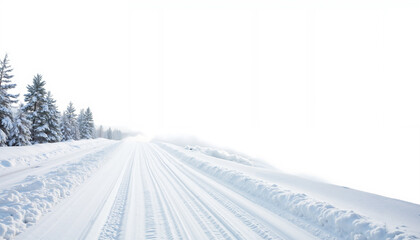 Snowy road surrounded by trees in a winter landscape  