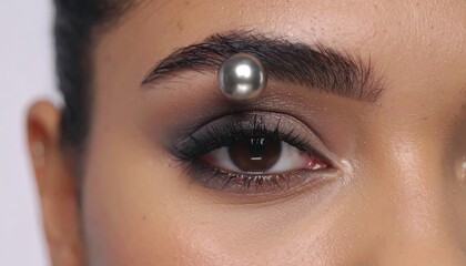 Close-up of a woman's face with elaborate eye makeup and a pearl adornment on her forehead
