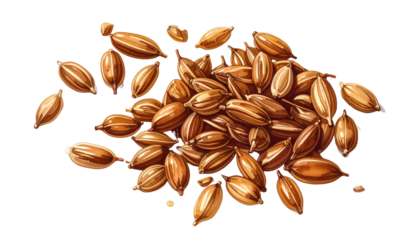 Detailed close-up of brown, textured seeds scattered isolated on solid white background