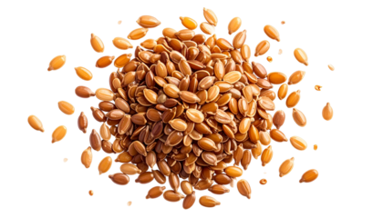 Detailed close-up of brown, textured seeds scattered isolated on solid white background Png form