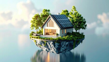 Floating Island Home With Solar Panels Surrounded By Lush Green Trees On A Sunny Day Over Calm Blue Water