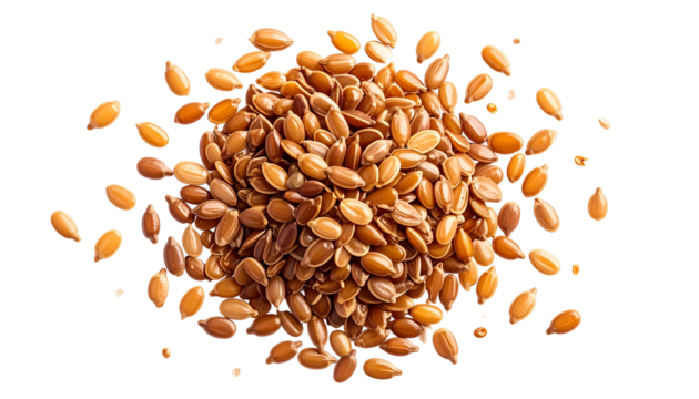 Detailed close-up of brown, textured seeds scattered isolated on solid white background Png form