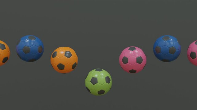 Abstract 3D background with multicolor football balls lined up in straight row, bouncing smoothly on dark grey surface for abstract rhythmic composition with minimal vibrant energy