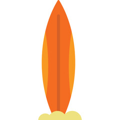 Orange surfboard standing upright on a sandy beach with a clear sky in the background symbolizing summer and ocean sports