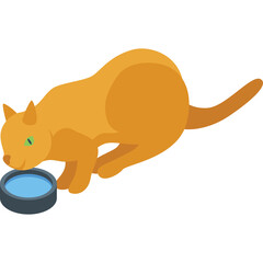 Orange Tabby Cat Drinking Water From Blue Bowl On Transparent Background Simple Flat Design