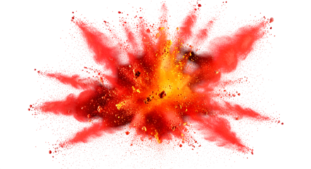 A vibrant red and yellow explosion against a stark black background view on white background 