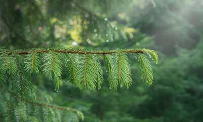 Obraz premium Close-up of wet fir branch in forest