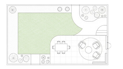 Minimal Black Line 2D Layout of Garden Areas, Pathways, and Outdoor Furniture in Architectural Top View, Landscape Design Plan