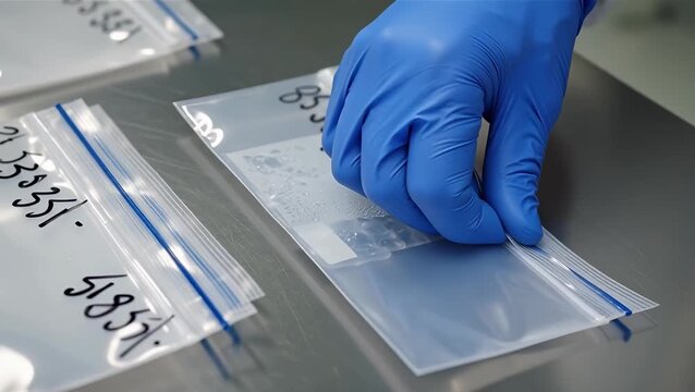 Hands in Blue Gloves Sealing Evidence Bags in Forensic Lab