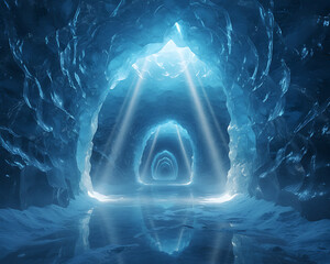 Glowing triangular portal inside a reflective blue ice cavern