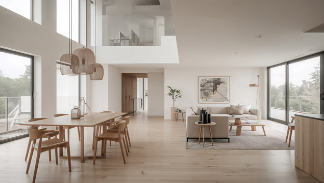 Modern open-plan living room with dining area and large windows