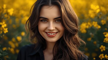 Fototapeta premium Stunning woman with radiant smile in field of yellow flowers, evoking joy and natural beauty