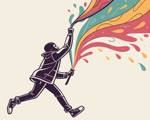 Vector art of a dynamic illustration of a person in motion, wielding paintbrushes that unleash vibrant streams of color against a light background, creating a sense of energy and artistic expression