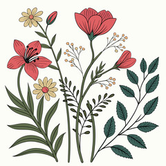 Vector art of a vibrant botanical illustration presents a collection of colorful flowers and lush foliage, creating a cheerful and lively scene reminiscent of a blooming garden