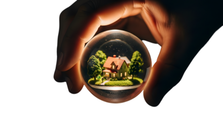 Hand holding a snow globe with a miniature house and trees inside it on white background 