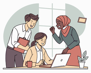 Vector art of diverse team of colleagues collaborating on a project, working together on a laptop, discussing ideas, and celebrating success in a modern office environment