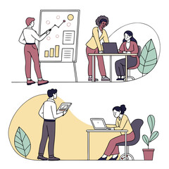 Vector art of illustrations of diverse professionals collaborating in office settings, presenting data, working on laptops, and discussing projects