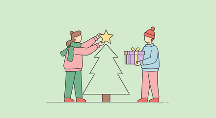 Fototapeta premium People Decorating Christmas Tree with Star and Gift.