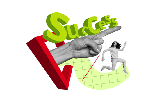 Composite photo collage of happy girl run success development concept hand point index finger direction isolated on painted background