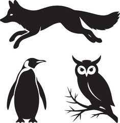 Collection of Winter Animals in Snow Deer, Fox, Rabbit, and Bear Silhouettes
