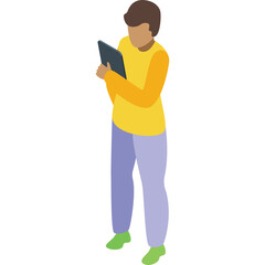 Person Standing Holding Tablet Device Isometric View Yellow Long Sleeve Shirt Light Blue Pants Green Shoes Isolated On White Background