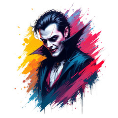 Slick, sinister vampire or Dracula in a black cloak with a high collar, framed by bold, colorful, angular paint strokes.