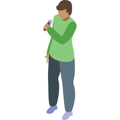 Person Standing With Microphone In Hand Green Long Sleeve Shirt Blue Pants Light Purple Shoes Isometric View White Background