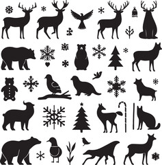 Collection of Winter Animals in Snow Deer, Fox, Rabbit, and Bear Silhouettes