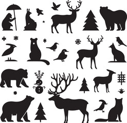 Collection of Winter Animals in Snow Deer, Fox, Rabbit, and Bear Silhouettes