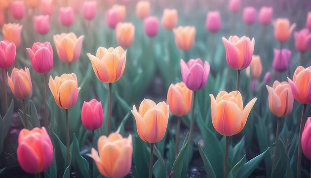 Soft focus field of pink and orange tulips in gentle sunlight