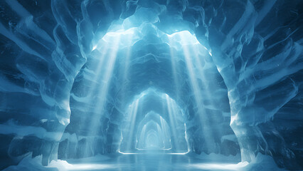 Grand ice cathedral with radiant beams pouring through a portal