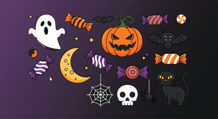 Halloween themed illustration with pumpkin ghost bats candy and other spooky elements on dark background