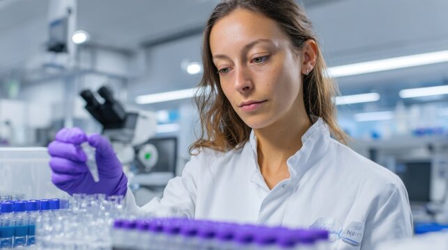 Scientist in lab coat examining smart fabric samples that selfclean highlighting innovative textile technology in modern material development.