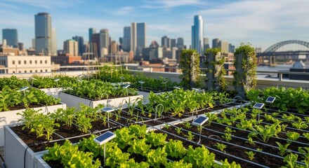 Obraz premium Rooftop Garden with Automated Watering System and Solar-Powered Sensor