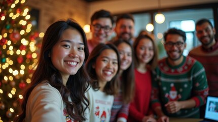 Una mujer joven se toma una selfie con un grupo diverso de compañeros de trabajo, todos con suéteres festivos