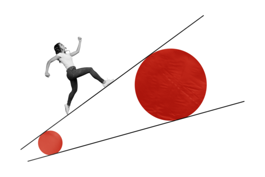 Composite art 3d image collage of happy businesswoman run geometric line sphere ball figure development chance career growth