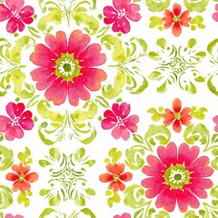 Obraz premium Seamless vintage watercolor floral pattern with bold pink and red flowers, green leaves. Botanical artwork for textile design, wallpaper.