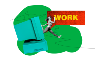 Composite trend artwork sketch image collage of work hiring business hr candidate small woman appear computer monitor walk direction aim