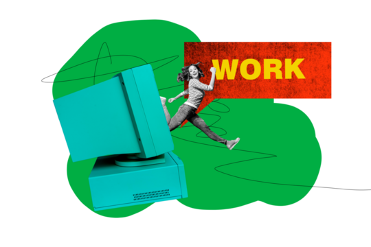 Composite trend artwork sketch image collage of work hiring business hr candidate small woman appear computer monitor walk direction aim