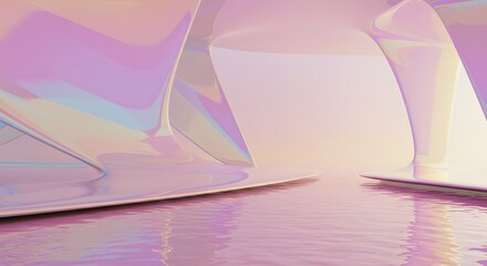 Abstract iridescent architecture with fluid lines and reflective surfaces, creating a dreamlike, ethereal space bathed in soft pastel light.